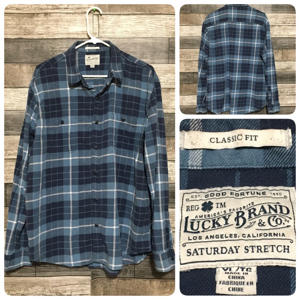 Lucky Brand Saturday Stretch Flannel Button Up Shirt Men’s XL Blue